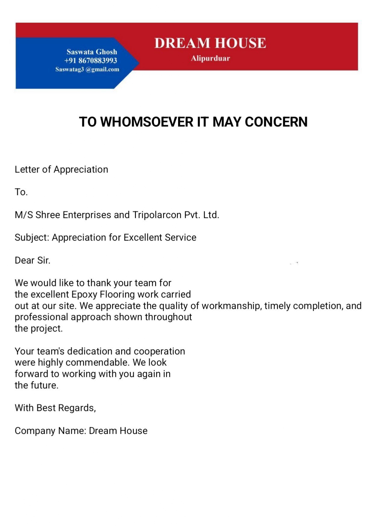 Appreciation Letter a264