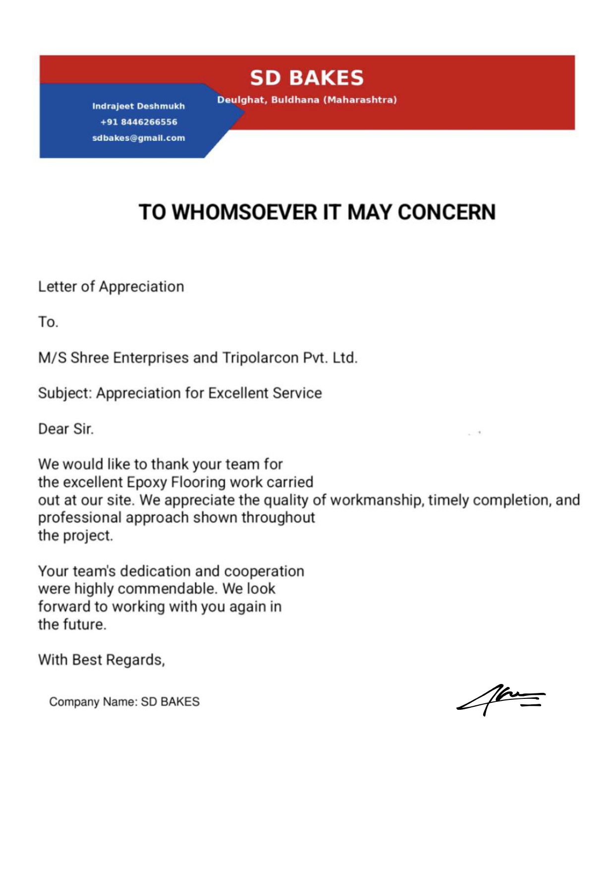 Appreciation Letter a265